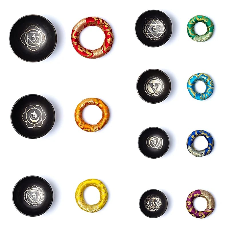 Klankschalen Set – De 7 Chakra’s Gekleurd & Symbolen (incl. draagtas)