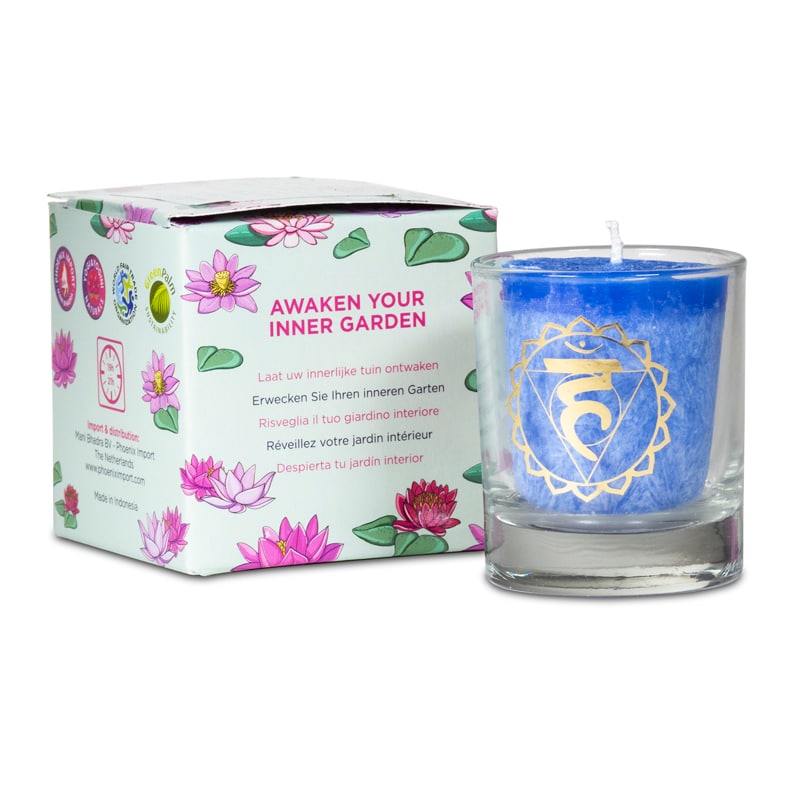 Votief geurkaars in glas – 5e Chakra in Geschenkdoos