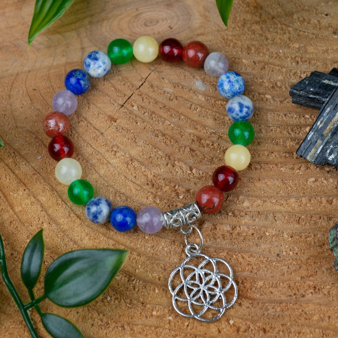 Edelsteen Armband 7 Chakra met Bloem des Levens – 8 mm