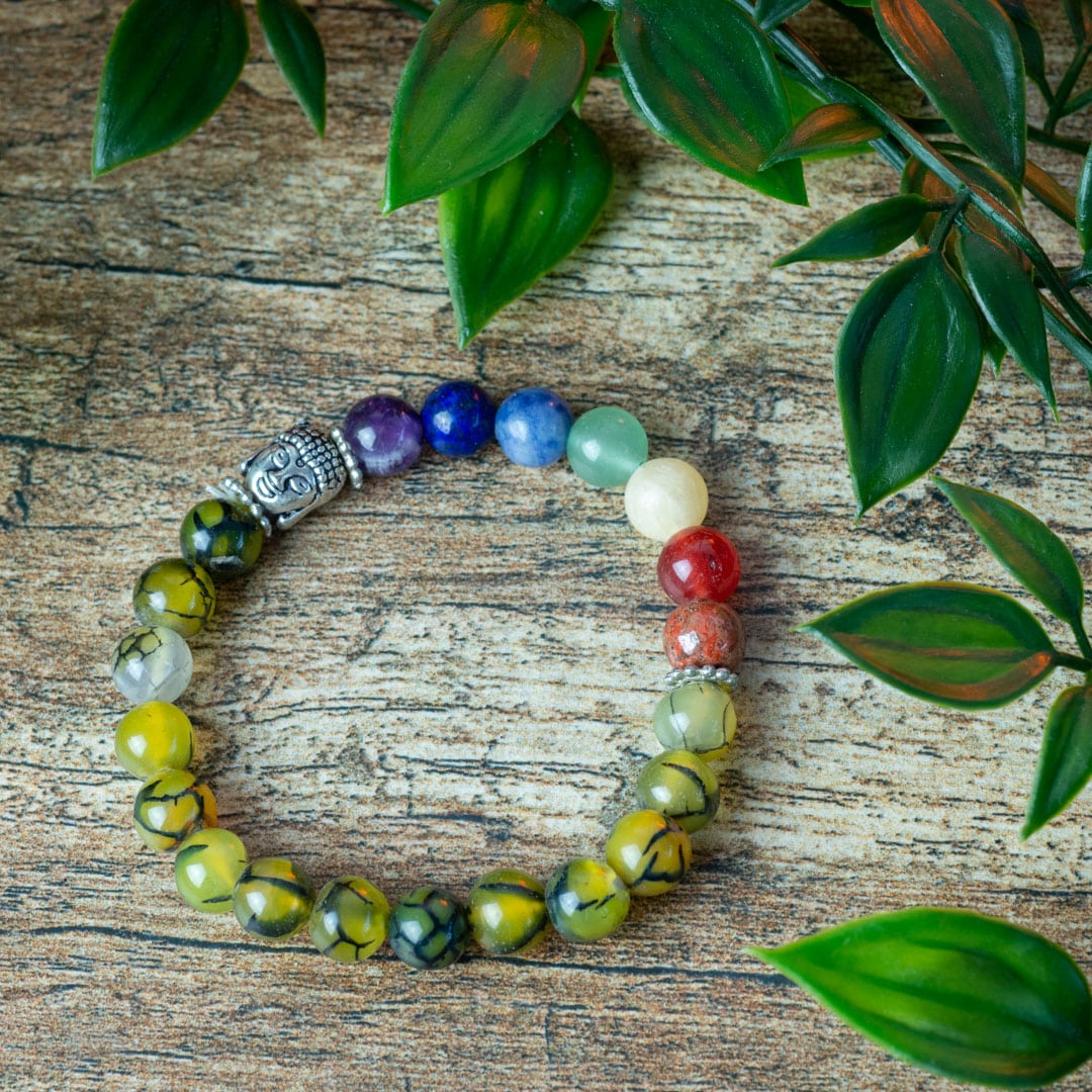 Edelsteen Armband 7 Chakra en Agaat ‘Dragon Veins’ met Boeddha