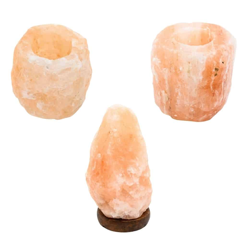 Himalaya Zoutlamp met Kleine en Grote Waxinelichthouder – Bundel