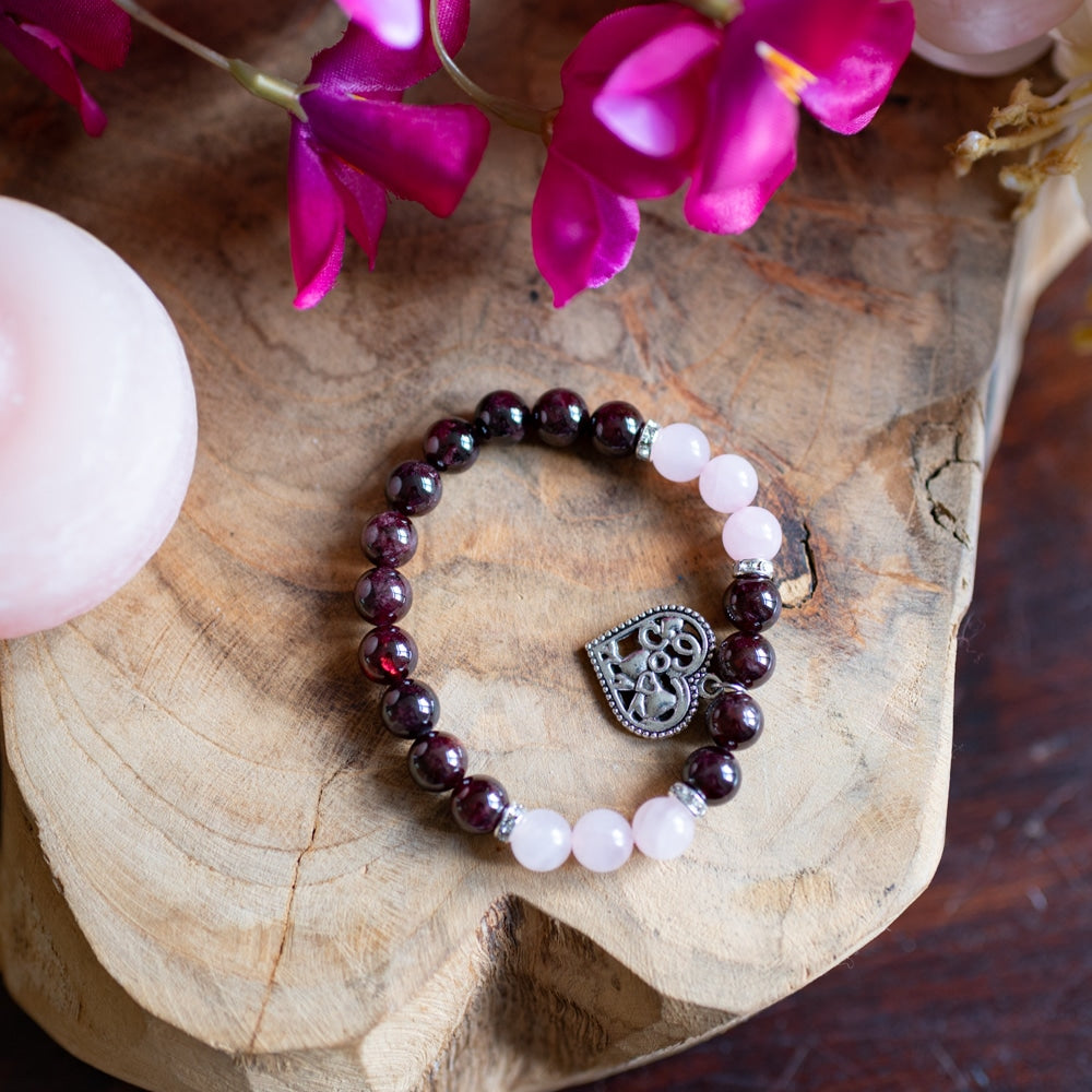 Edelsteen Armband Granaat/ Roze Kwarts met Hartje