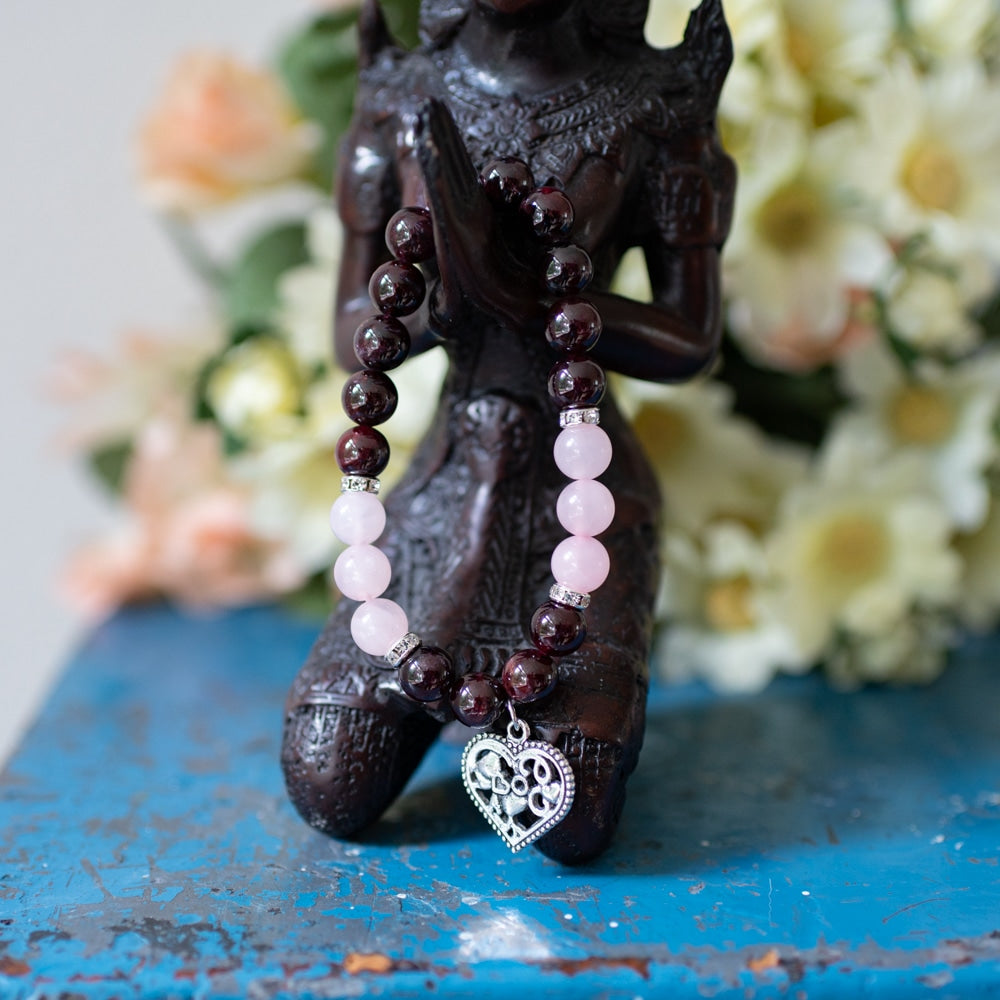 Edelsteen Armband Granaat/ Roze Kwarts met Hartje