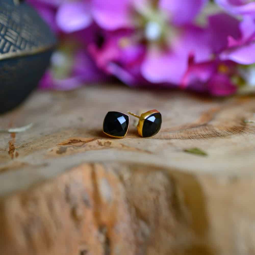 Edelsteen Oorstekers Zwarte Onyx – 925 Zilver & Verguld