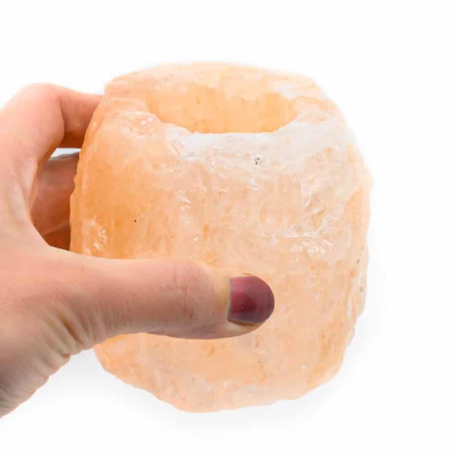 B-STOCK! (Gat 30 mm) – Zoutsteen Waxinelichthouder Oranje (400-700 gram) 9 x 9 x 10 cm – B-STOCK!