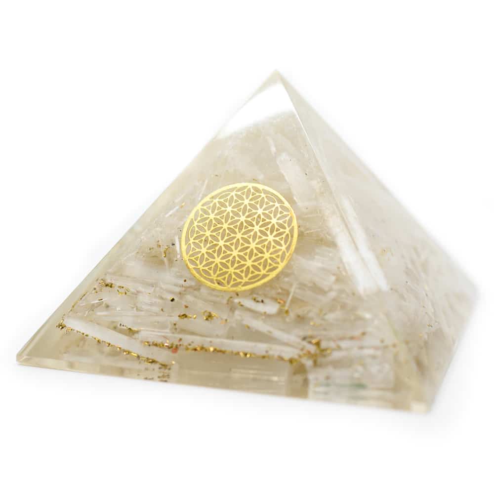Orgonite Piramide Seleniet – Flower of Life – (70 mm)