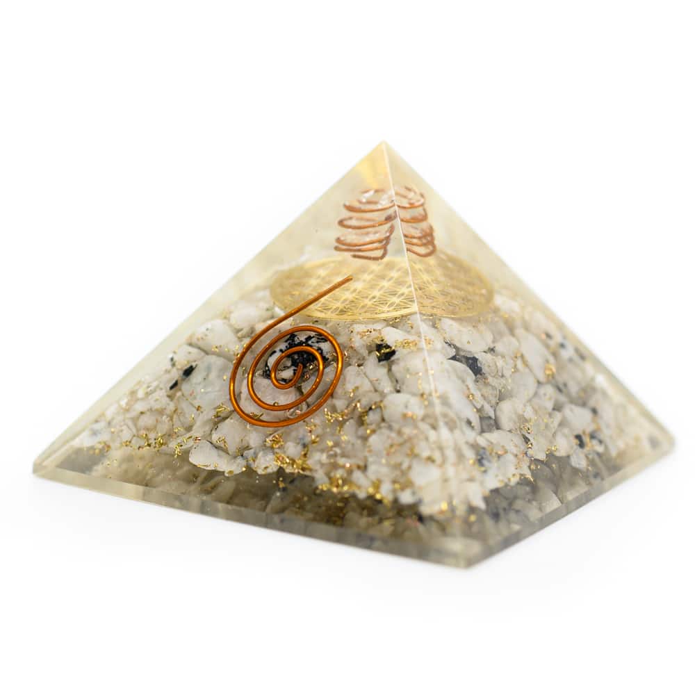 Orgonite Piramide Regenboog Maansteen – Flower of Life – (70 mm)