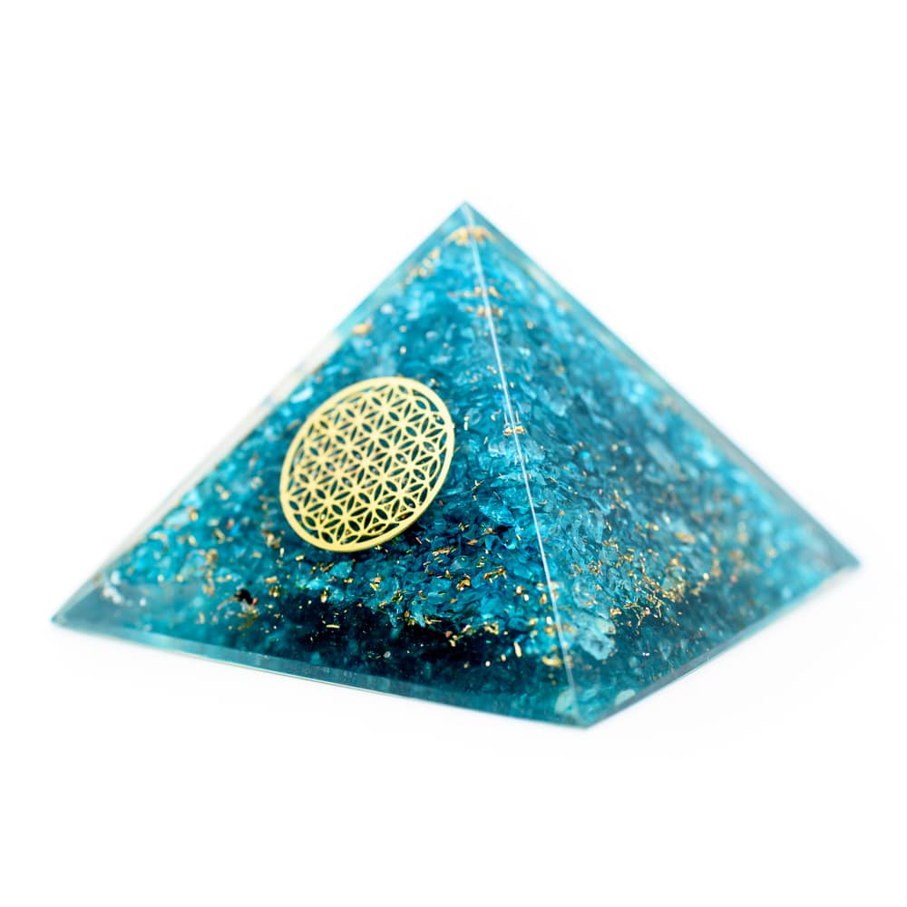 Orgonite Piramide Blauwe Topaas – Flower of Life – (70 mm)