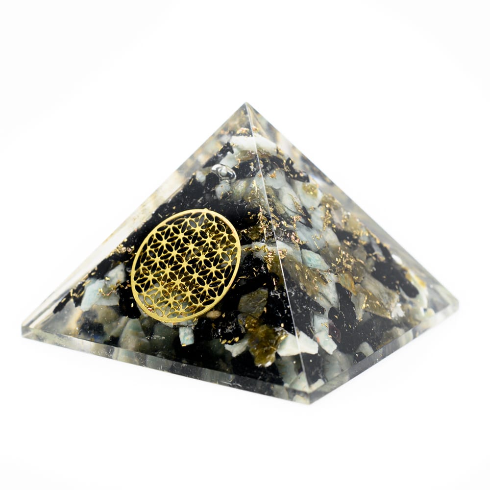 Orgonite Piramide Chrysocolla – Flower of Life – (40 mm)