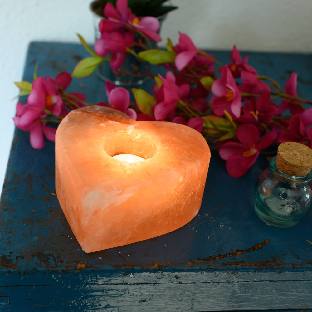 Zoutsteen Waxinelichthouder Oranje Hart (1.3 kg) 12 x 12 cm