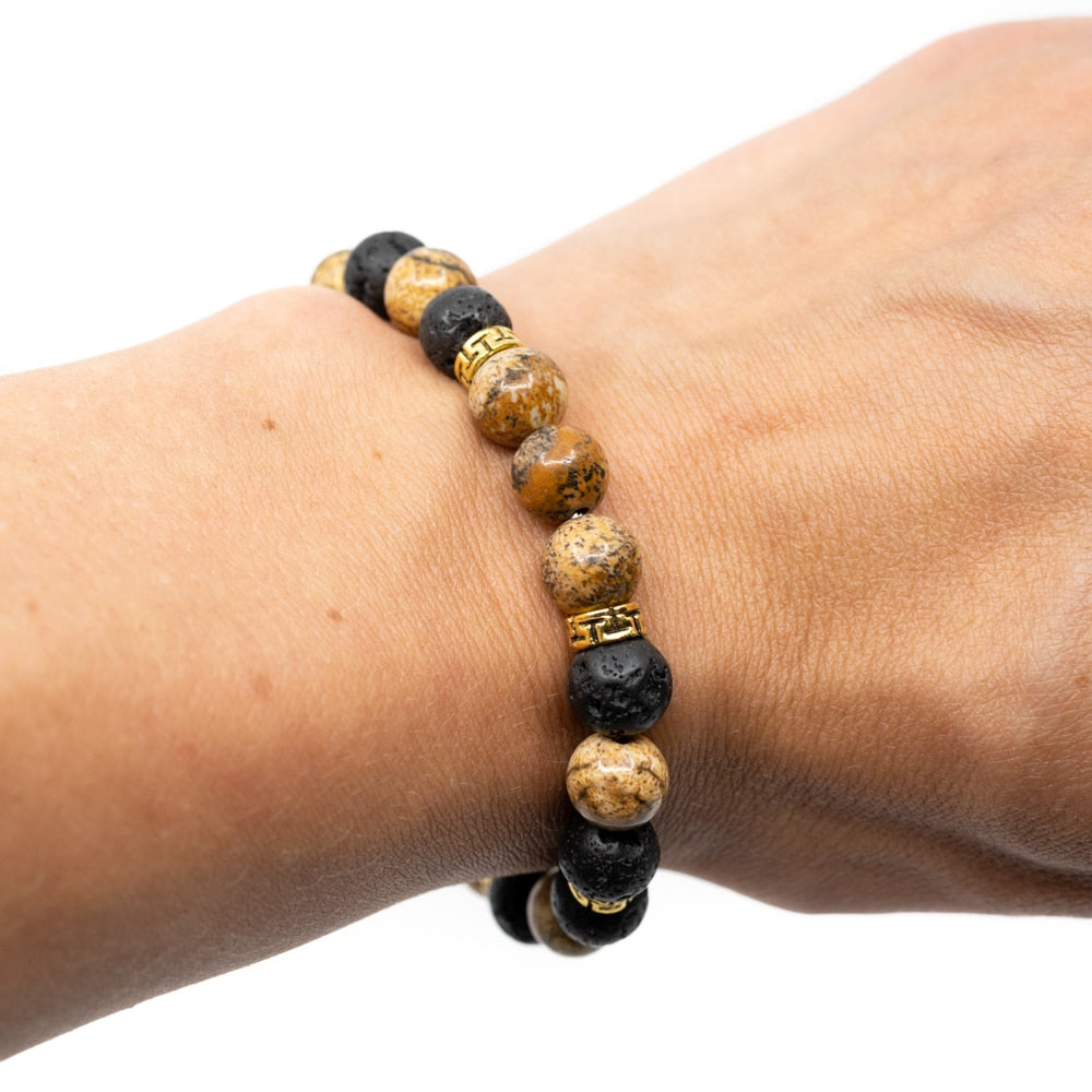 Edelsteen Armband Jaspis/ Lavastenen met Goudkleurige Ringen