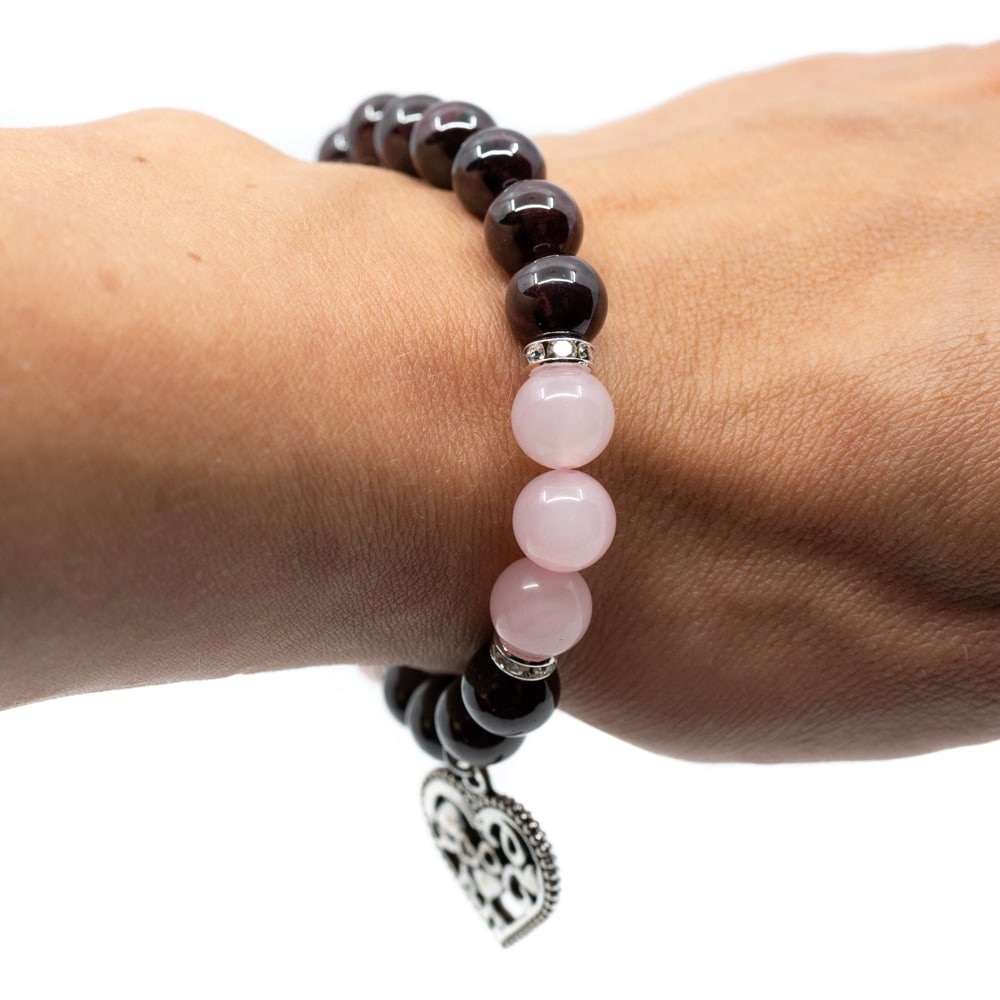 Edelsteen Armband Granaat/ Roze Kwarts met Hartje