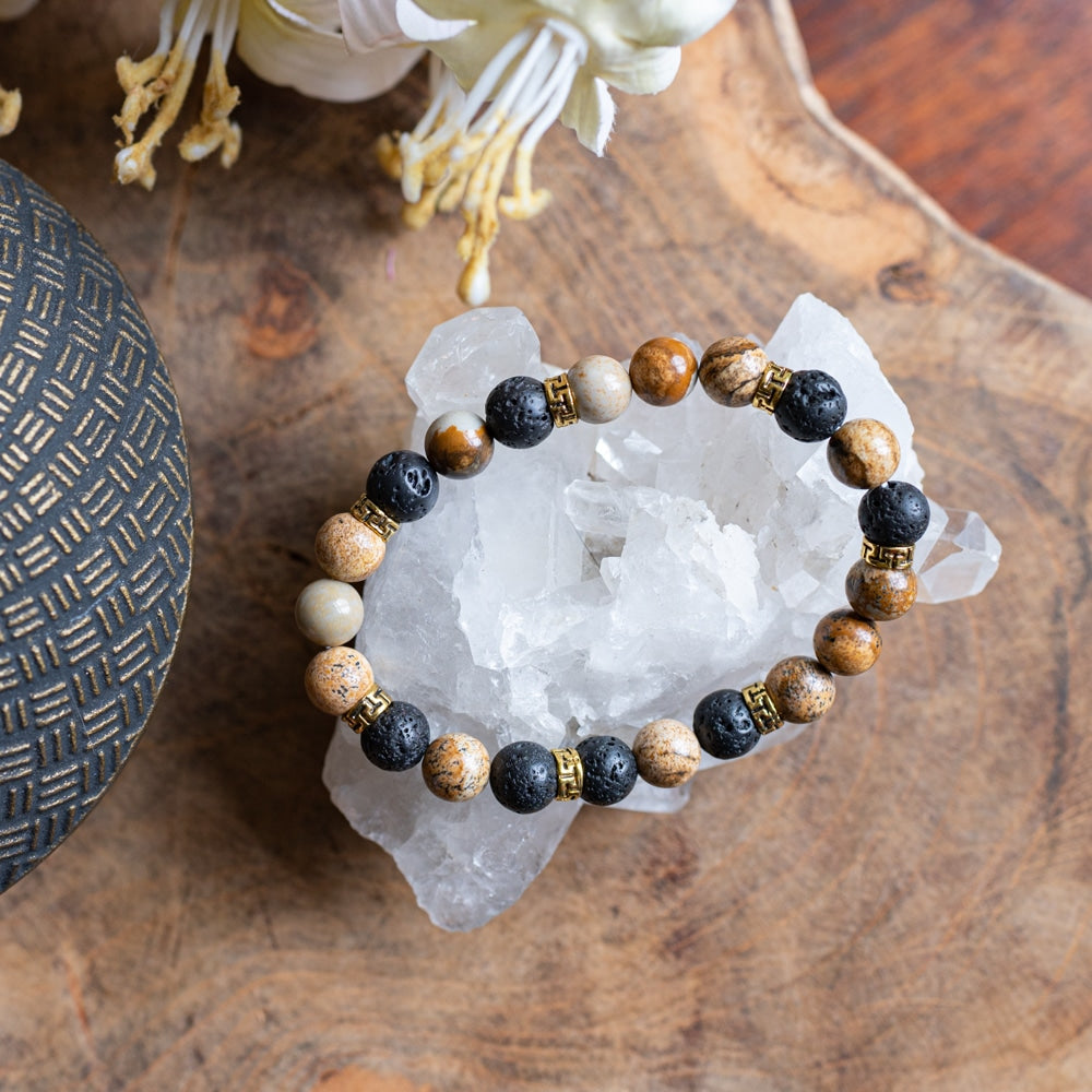 Edelsteen Armband Jaspis/ Lavastenen met Goudkleurige Ringen