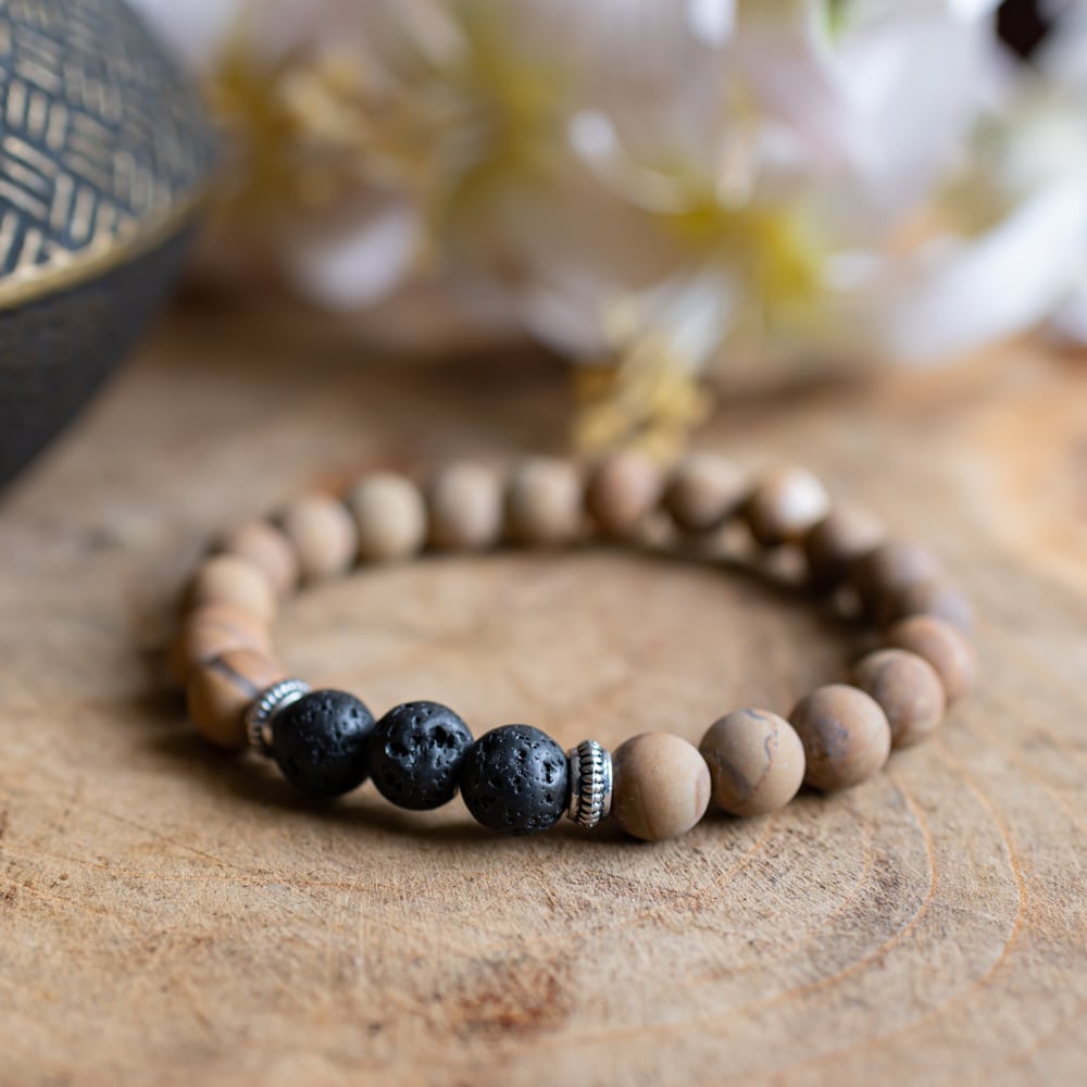 Edelsteen Armband Jaspis/ Lavastenen met Zilverkleurige Ringen