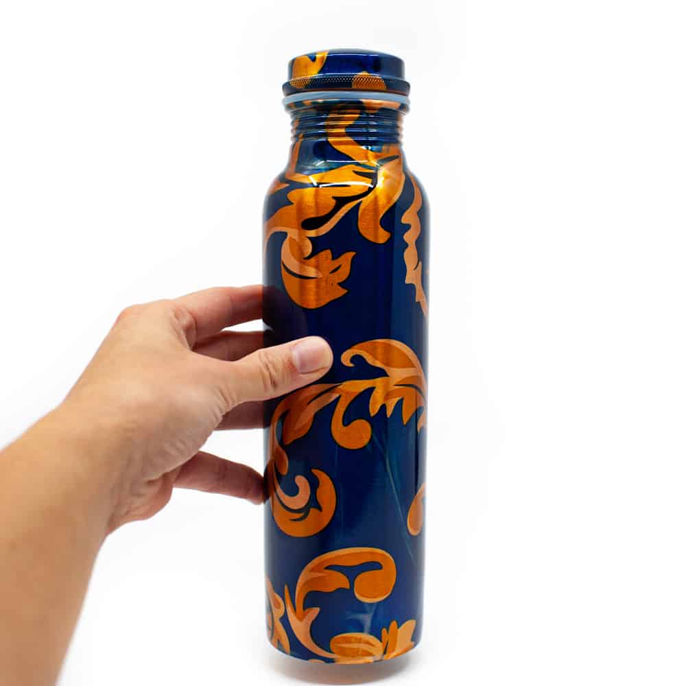 Spiru Koperen Waterfles Blue Floral geprint – 900 ml