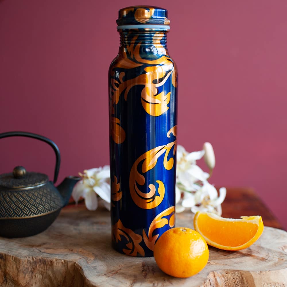 Spiru Koperen Waterfles Blue Floral geprint – 900 ml