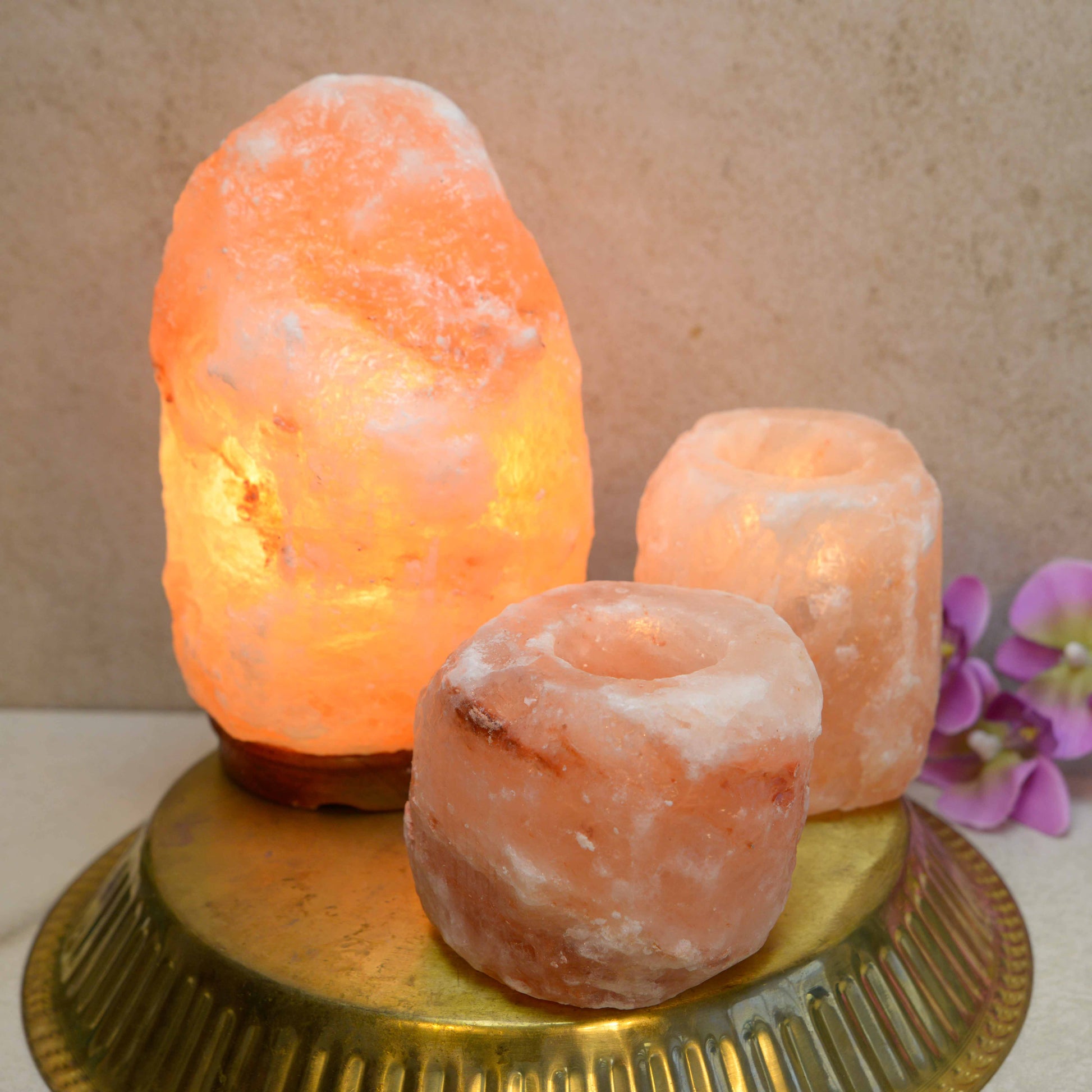Himalaya Zoutlamp (3-4kg) + 2x Waxinelichthouder – Bundel