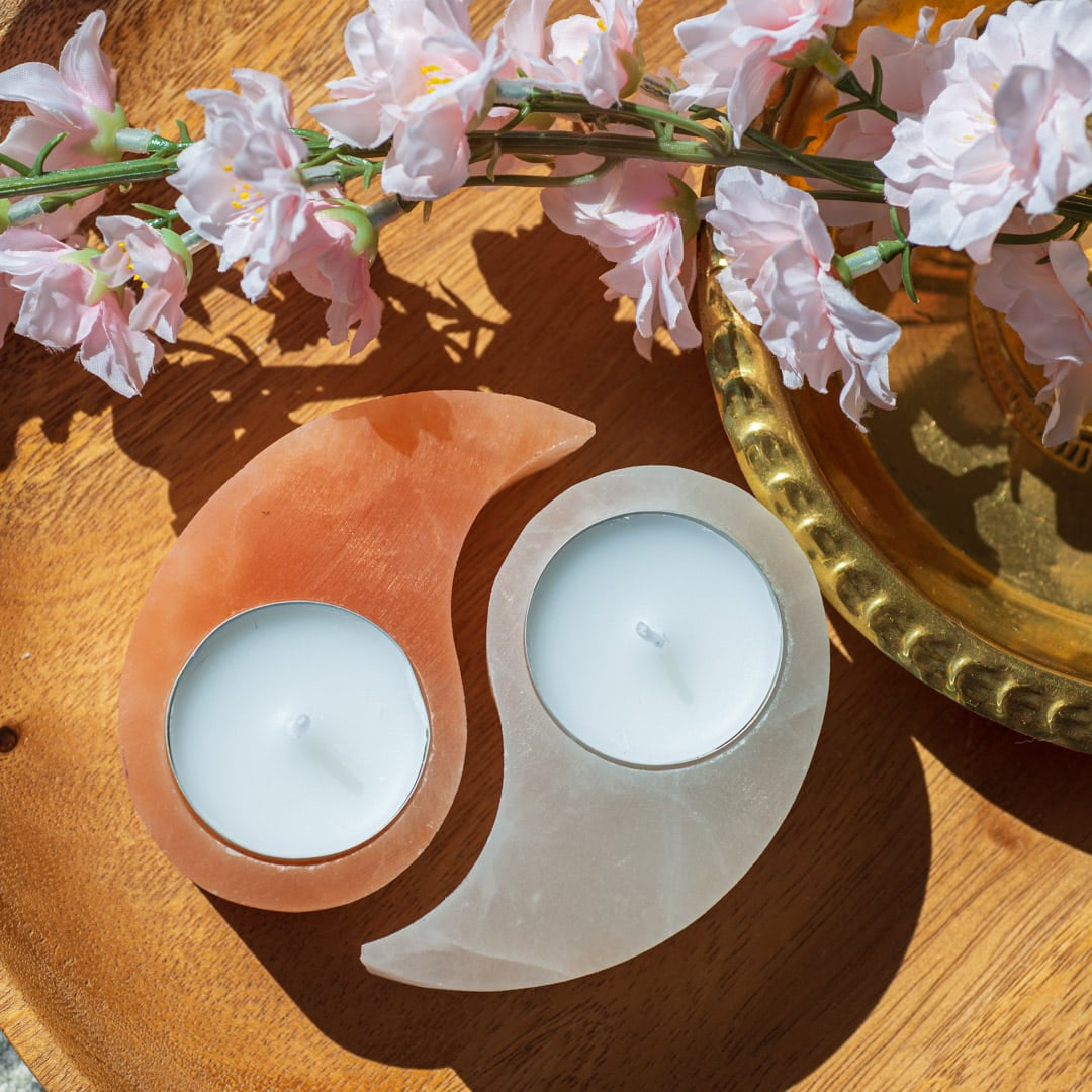 Waxinelichthouder Edelsteen Seleniet Yin Yang Ca. 400 gram
