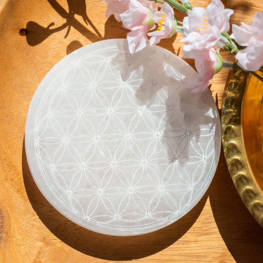 Edelsteen Seleniet Oplaad Plaat Flower of Life 10 cm