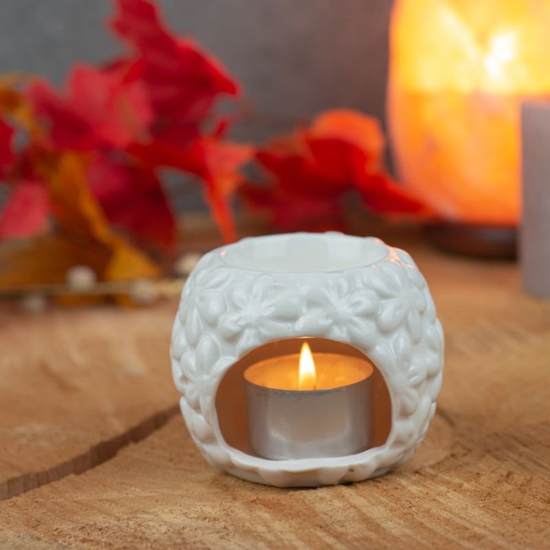 Natural Ceramic Floral Oil Burner (8 x 6.5cm)-Global Food Hub