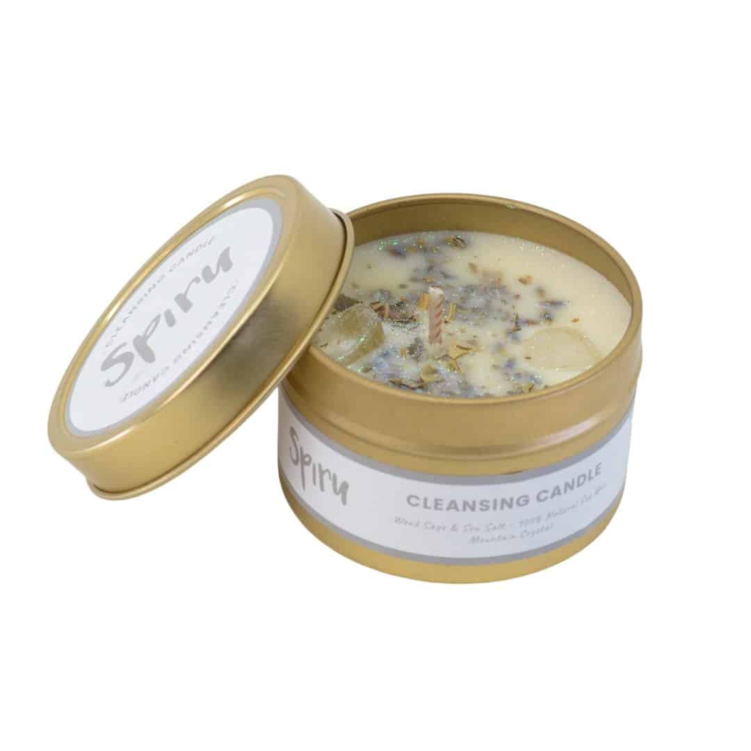 Edelsteen Geurkaars Bergkristal – Cleansing – Houtsalie + Zeezout