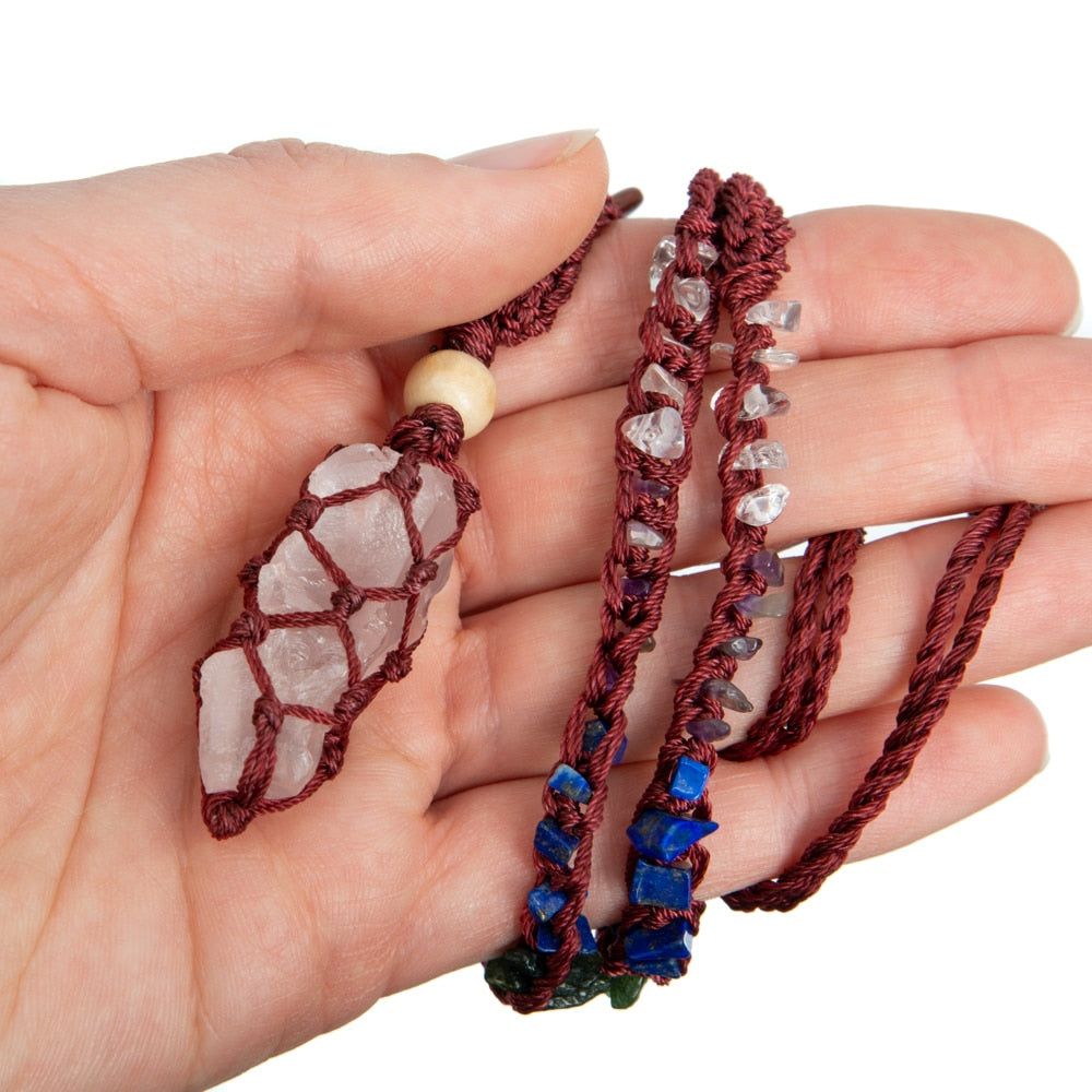 Ruwe Edelsteen Hanger Rozenkwarts met Chakra Ketting