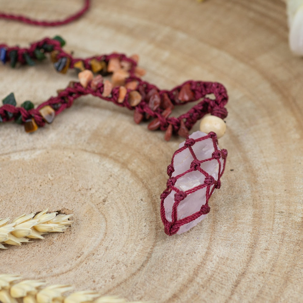 Ruwe Edelsteen Hanger Rozenkwarts met Chakra Ketting