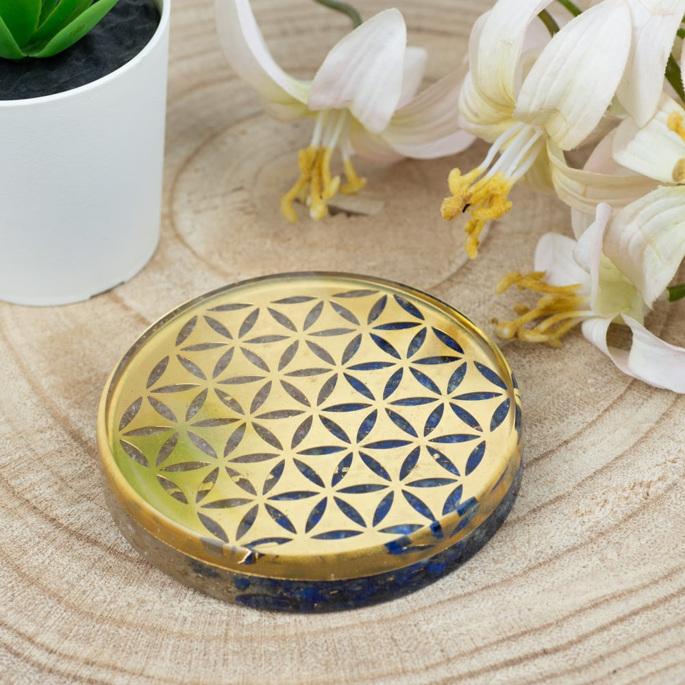 Orgoniet Schijf Onderzetter Flower of Life – Seleniet en Lapis Lazuli (80 mm)