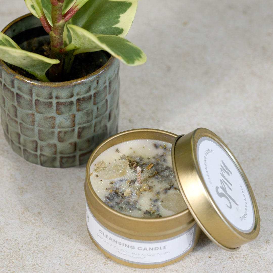 Edelsteen Geurkaars Bergkristal – Cleansing – Houtsalie + Zeezout