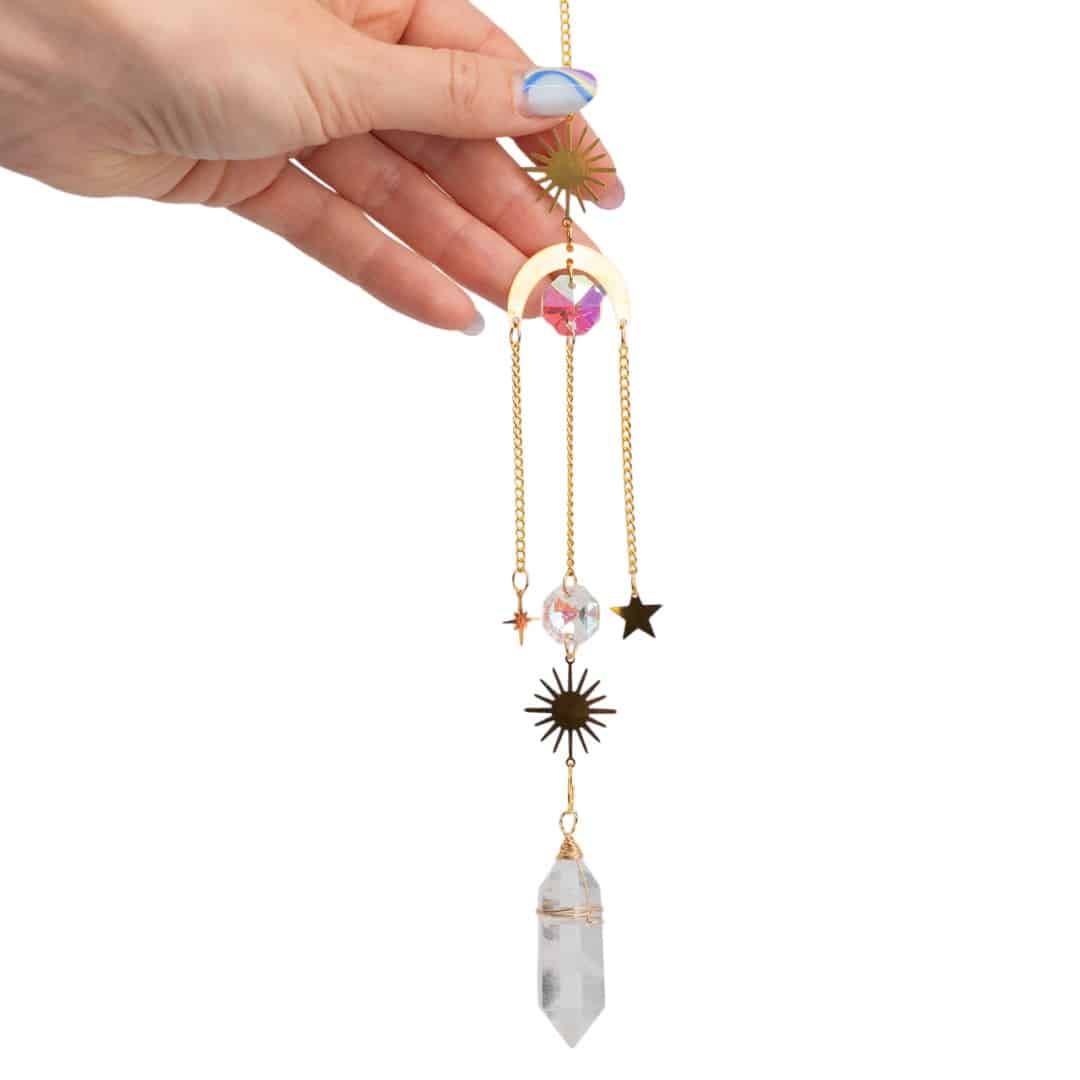 Edelsteen Regenboog Hanger – Zon en Maan – Bergkristal (40 cm)