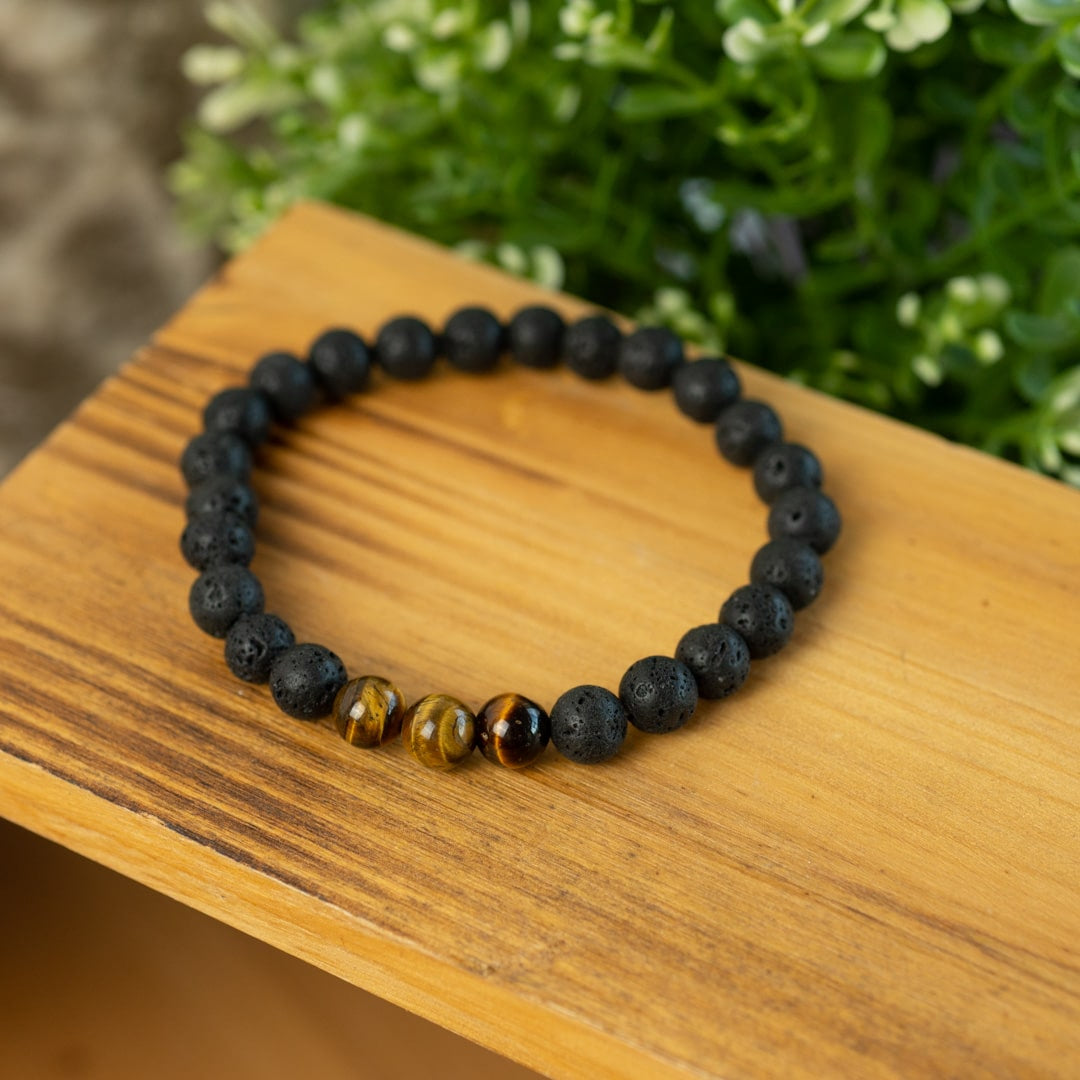 Edelsteen Armband Heren Groot Tijgeroog & Lavasteen (8mm, 21 cm)