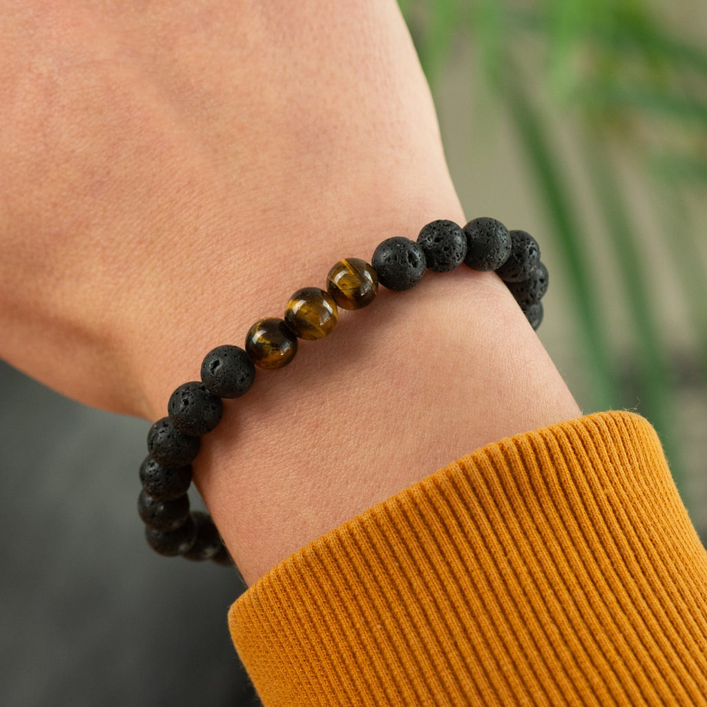 Edelsteen Armband Heren Groot Tijgeroog & Lavasteen (8mm, 21 cm)