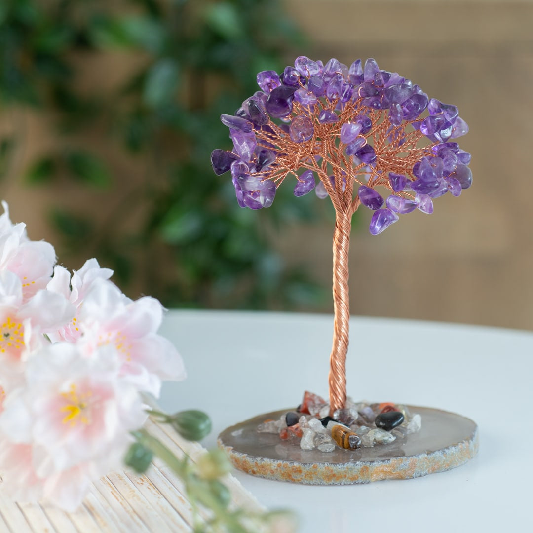 Edelsteen Boompje Spiritualiteit Amethist op Agaat Schijf (12 cm)