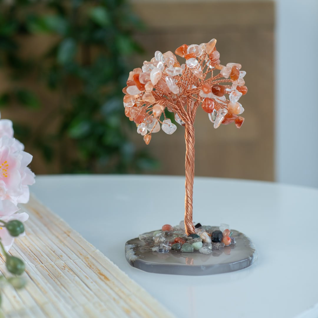 Edelsteen Boompje Kracht Carneool op Agaat Schijf (12 cm)
