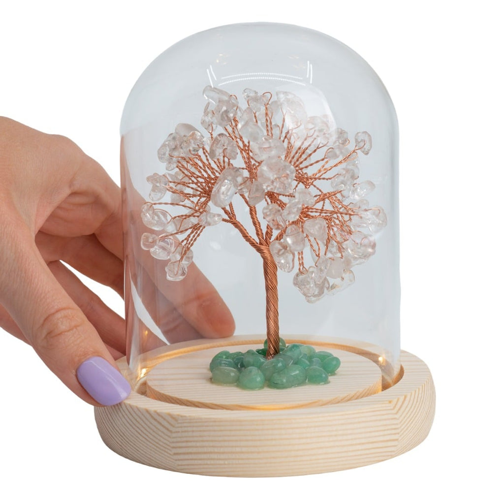 Edelsteen Boompje Zuivering Bergkristal met Groene Aventurijn in Glas (14 cm)