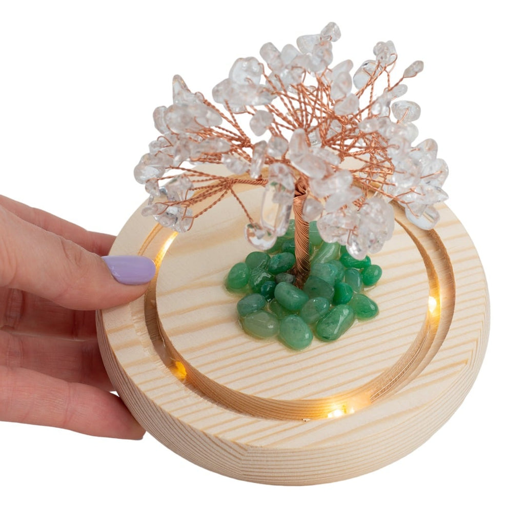 Edelsteen Boompje Zuivering Bergkristal met Groene Aventurijn in Glas (14 cm)