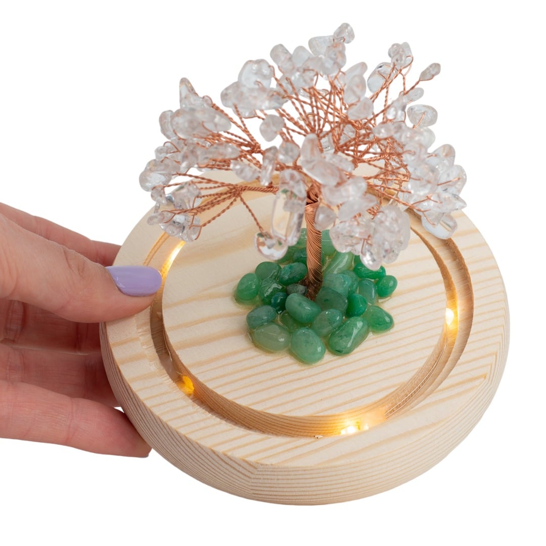 Edelsteen Boompje Zuivering Bergkristal met Groene Aventurijn in Glas (14 cm)