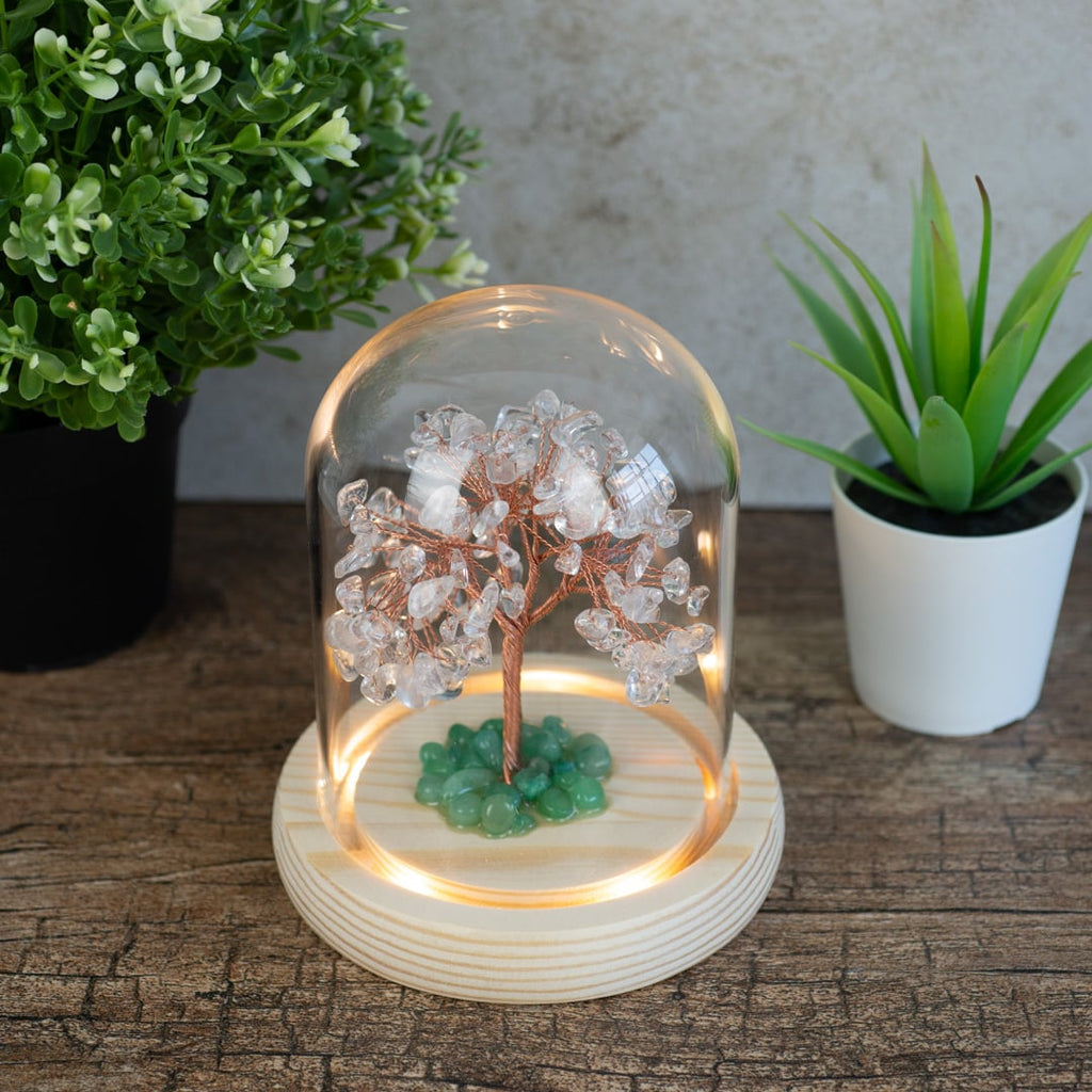 Edelsteen Boompje Zuivering Bergkristal met Groene Aventurijn in Glas (14 cm)