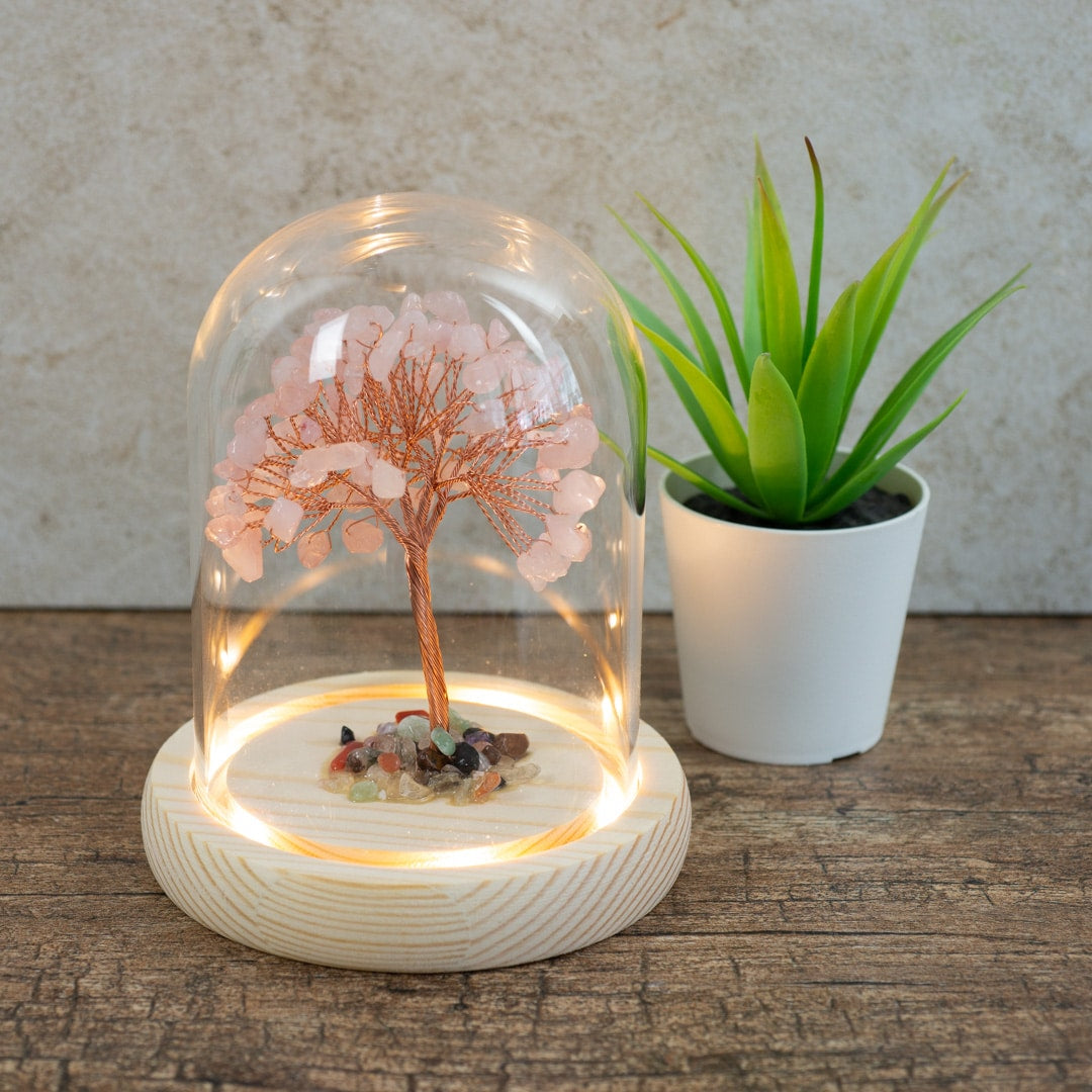 Edelsteen Boompje Liefde Rozenkwarts met Trommelstenen Mix in Glas (14 cm)