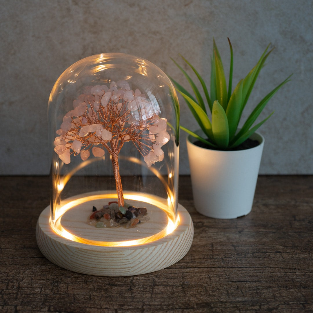Edelsteen Boompje Liefde Rozenkwarts met Trommelstenen Mix in Glas (14 cm)