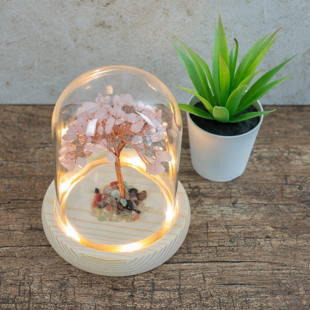 Edelsteen Boompje Liefde Rozenkwarts met Trommelstenen Mix in Glas (14 cm)