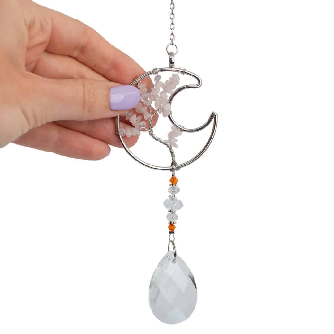 Regenboogkristal Raamhanger met Rozenkwarts Maan (37 cm)