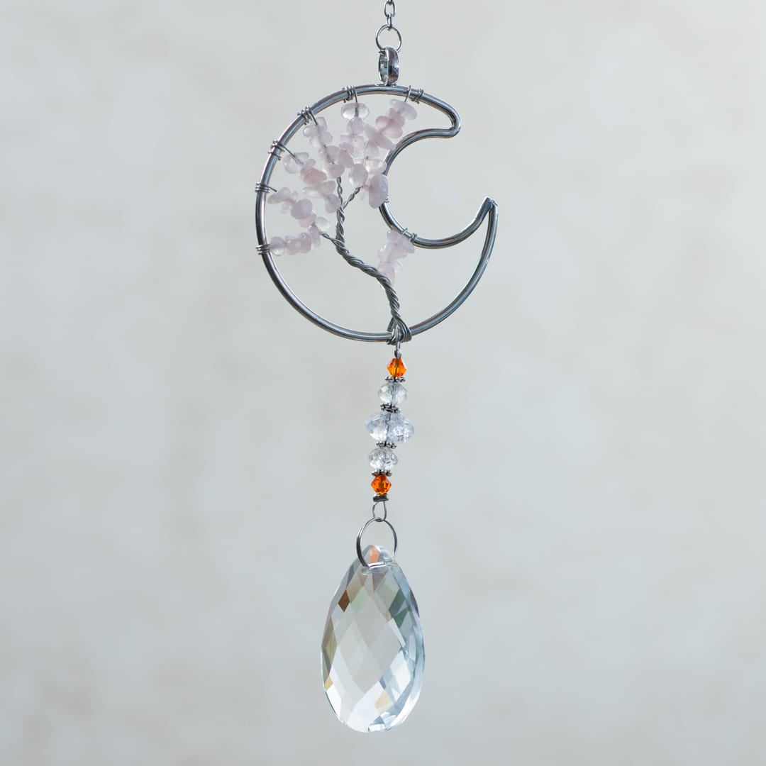 Regenboogkristal Raamhanger met Rozenkwarts Maan (37 cm)