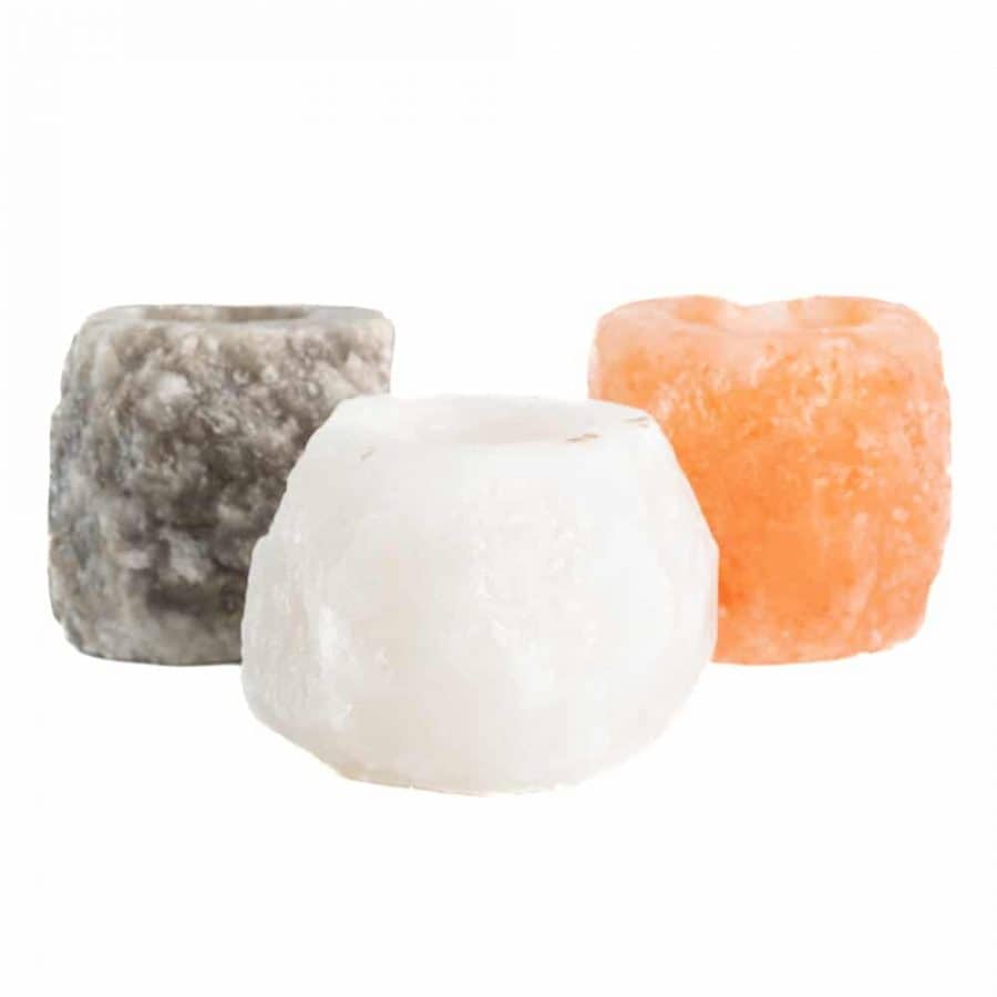 Zoutsteen Waxinelichthouder set van 3 (400-700 gram) – Oranje, Wit, Grijs – 9 x 9 x 10 cm