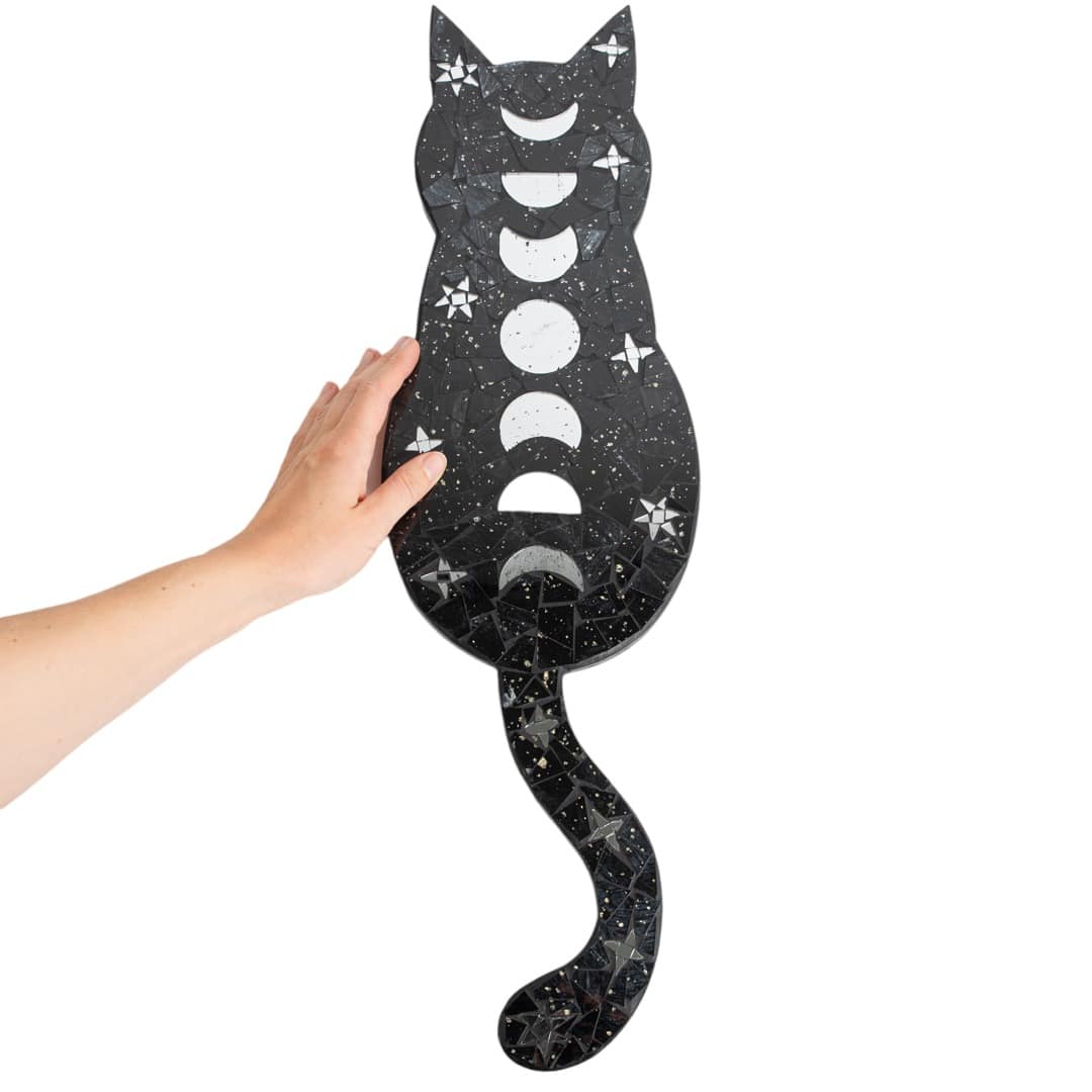 Magic Kat met Maan Fasen Mozaïek Wand Decoratie 60x17x1 cm