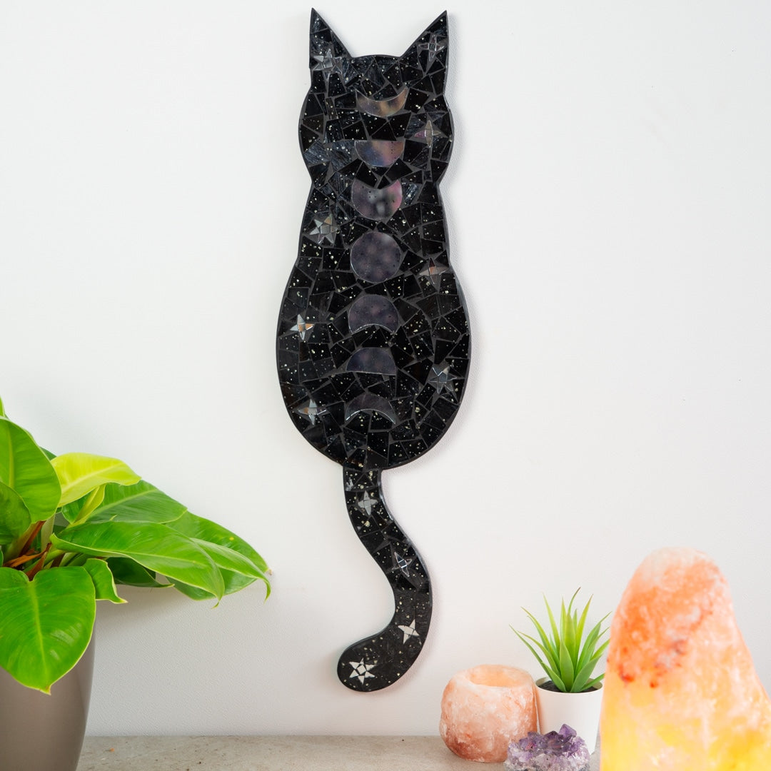 Magic Kat met Maan Fasen Mozaïek Wand Decoratie 60x17x1 cm