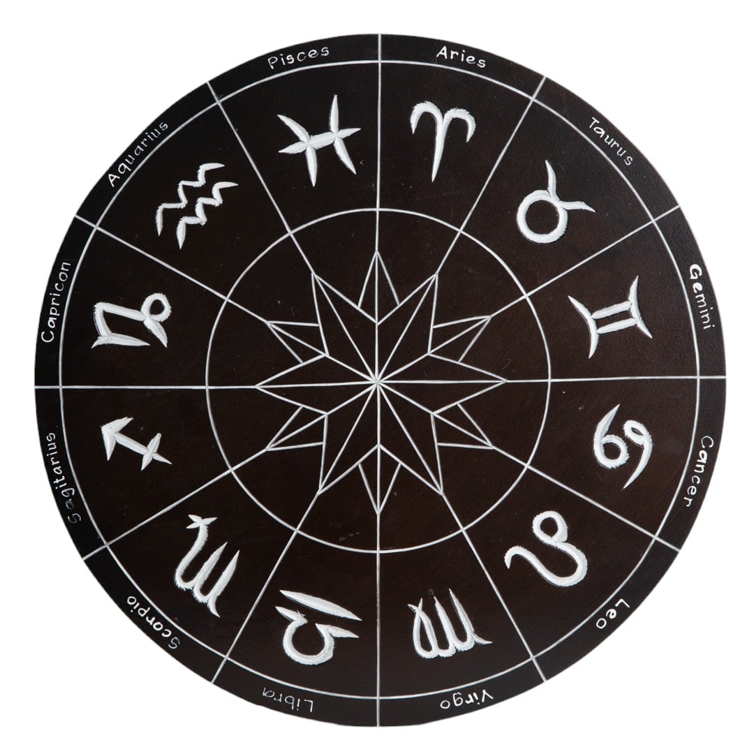 Houten Muurdecoratie – Zodiac Tekens // Dierenriem – Rond (ca 40 x 1 cm)