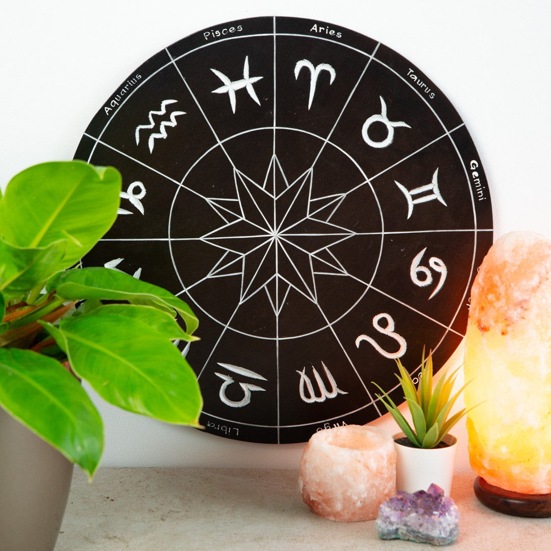Houten Muurdecoratie – Zodiac Tekens // Dierenriem – Rond (ca 40 x 1 cm)