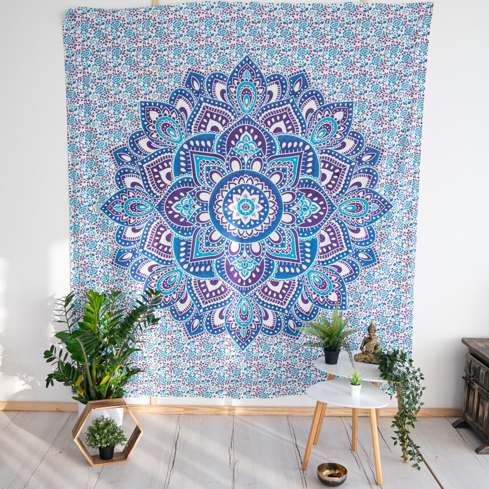 Authentiek Mandala Wandkleed Katoen Blauw (240 x 210 cm)
