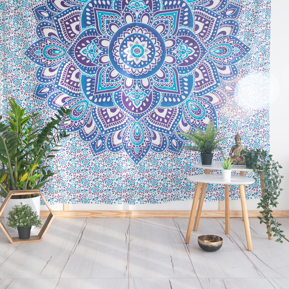 Authentiek Mandala Wandkleed Katoen Blauw (240 x 210 cm)